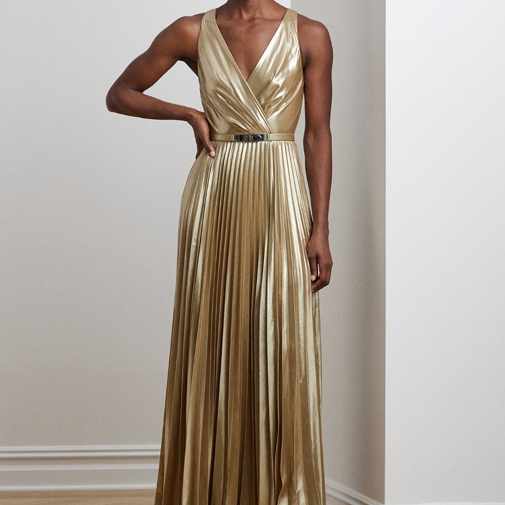 Ralph Lauren Metallic Gold Pleated Maxi Dress